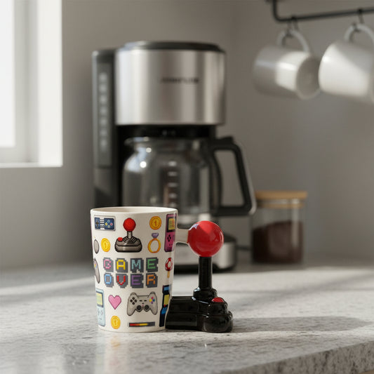 Tazza in Ceramica con Manico a Forma di Joystick Pixelata - Game Over